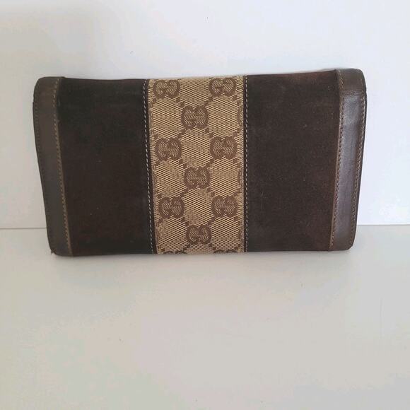 GUCCI Vintage Wallet Bifold Brown Designer Large Retro Clutch Suede - Picture 2 of 13
